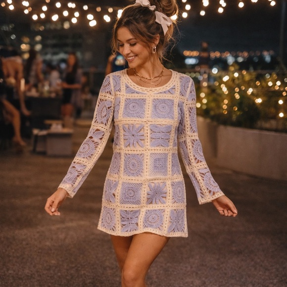 Rebellion Dresses & Skirts - Ivory Crochet Lace Mini Dress S Granny Square Patchwork Boho Cottagecore Retro